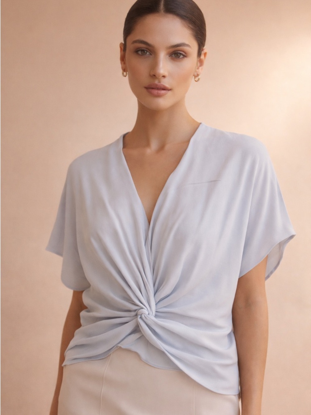 Light Blue Knot-Front V-Neck Blouse